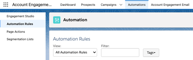 MCAE Lightning App Account Engagement Automations tab Automation rules | Resonant Cloud Solutions